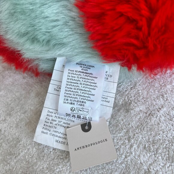 Discontinued Brand New Anthropologie Peppermint  Green&Red Faux Fur Pillow - Picture 3 of 5